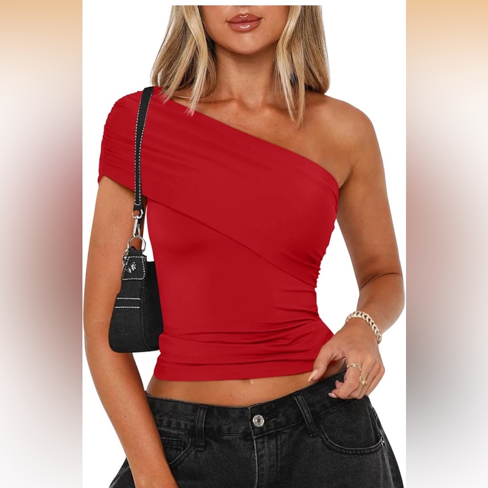 Elegant Red One-Shoulder Top small women ruched going out t shirt